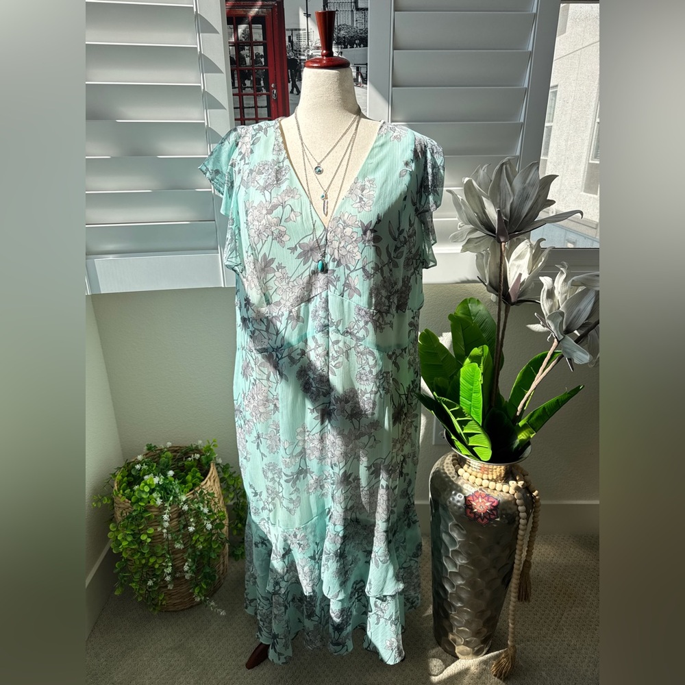 Tommy Hilfiger. Size 22W. Floral Maxi Dress - Mint Green and Gray
